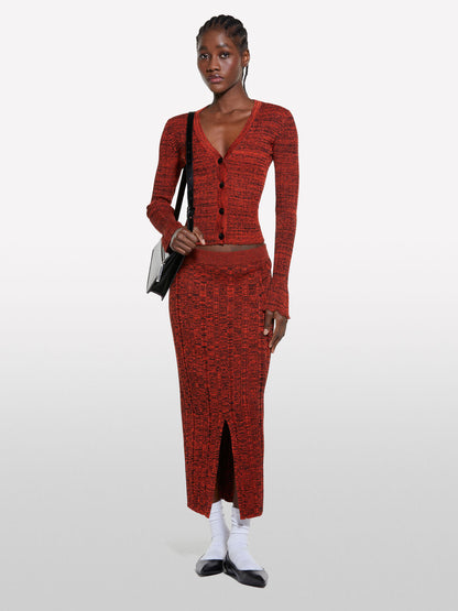 Red knit cardigan
