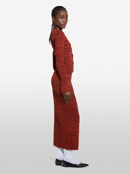 Red knit cardigan