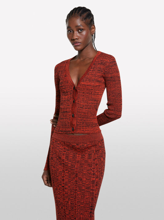 Red knit cardigan